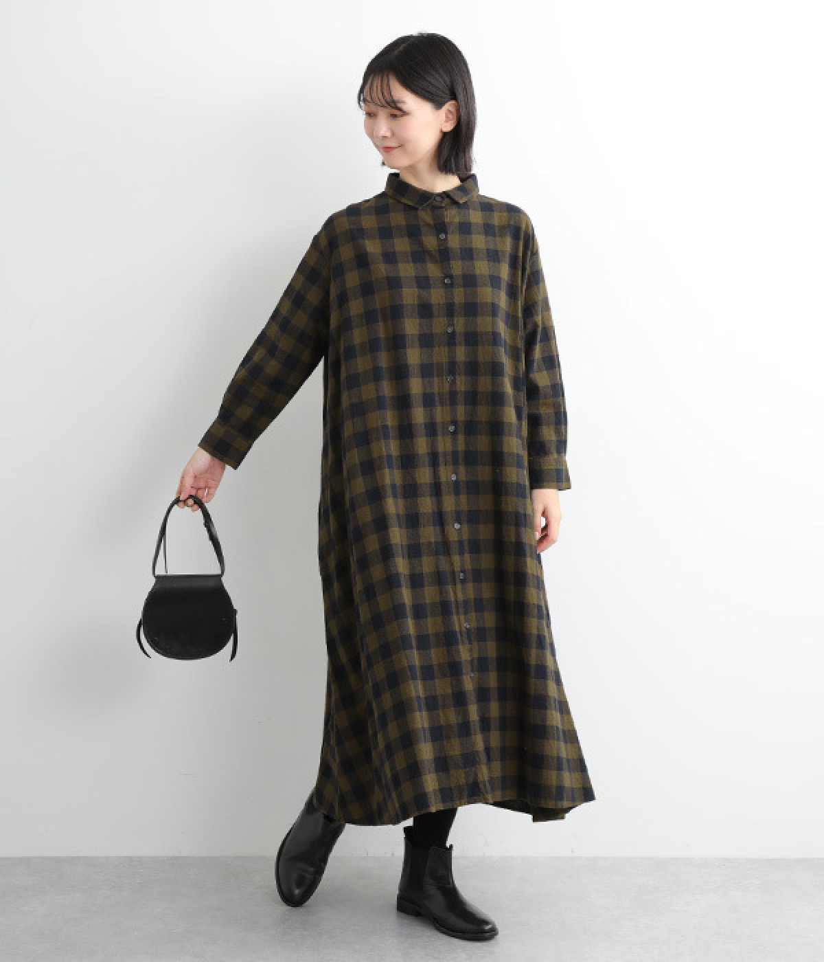 コットンブロックチェックシャツワンピース(カーキ-L)