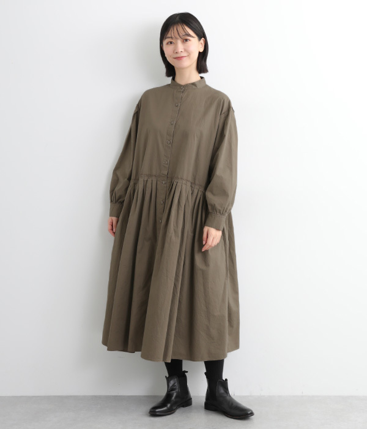 コットンハイカウントチノノーカラー前あきワンピース(カーキ-L)