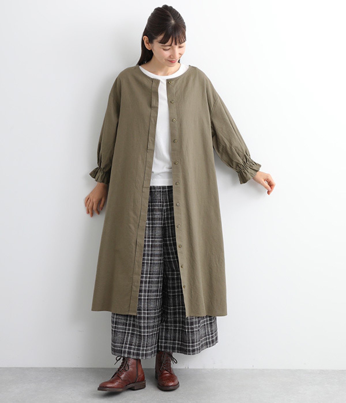 コットンリネンオックス2WAY袖ギャザーワンピース(カーキ-L)