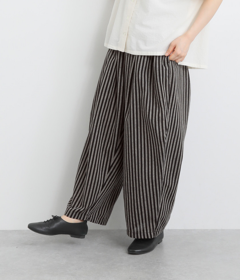 コットンポリエステルリネンストライプバルーンパンツ