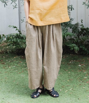 コットンポリエステルリネンストライプバルーンパンツ(ベージュ-ONESIZE)