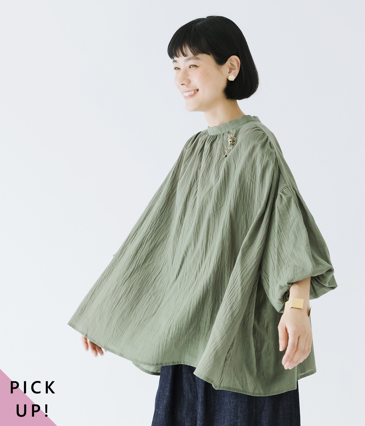 別注｜バルーン袖ブラウス(カーキ-ONESIZE)