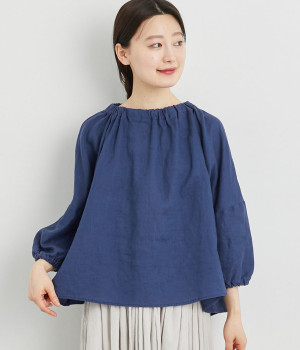 リネンオックスドロップショルダーワイドブラウス(ブルー-L)