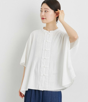 コットンワッシャーチャイナボタンピンタックブラウス(オフ-M)