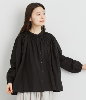 コットンローンギャザーフレアブラウス(クロ-ONESIZE)