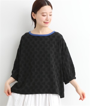 コットンリネンジャカード襟配色ブラウス(ブラック-ONESIZE)