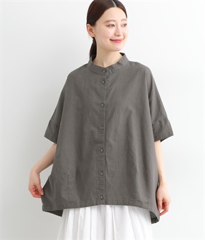 コットンリネンオックスバンドカラーコクーンシャツ(チャコール-L)
