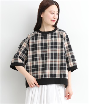 コットンオックスチェックリブ使いシャツ(ベージュ-L)