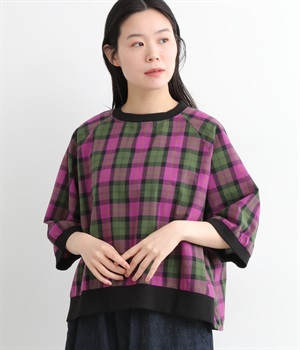 コットンオックスチェックリブ使いシャツ(パープル-L)