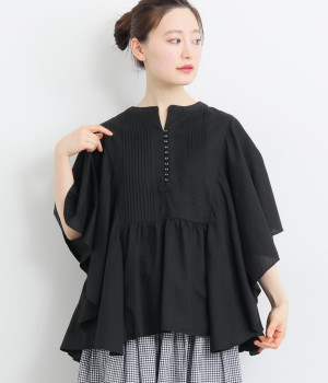 コットンローンピンタック多ボタンブラウス(クロ-L)