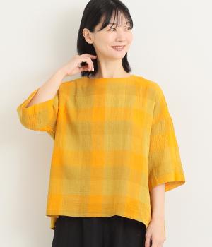 リネンコットンブロックチェックプルオーバー(マスタード-L)
