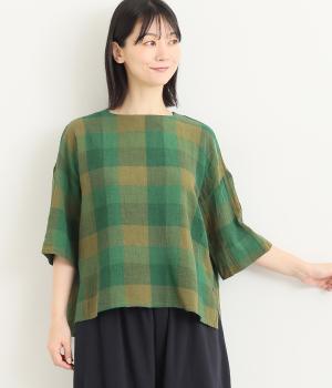 リネンコットンブロックチェックプルオーバー(グリーン-L)