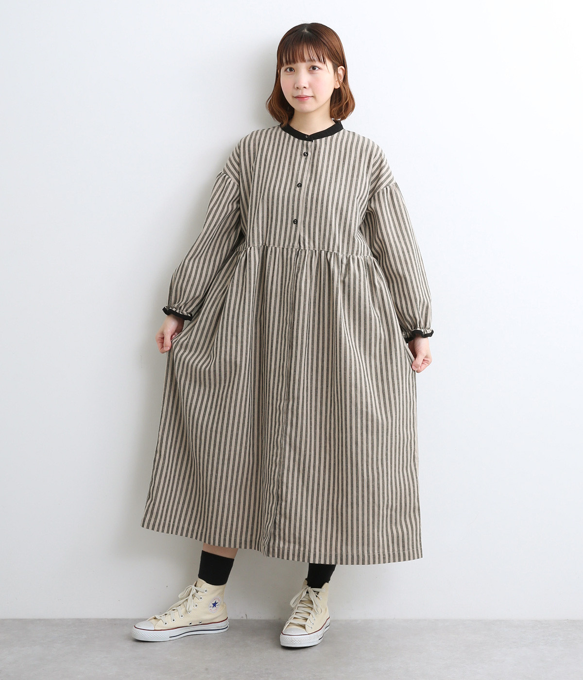コットンリネン混ストライプ切り替え配色ワンピース(ベージュ-L)