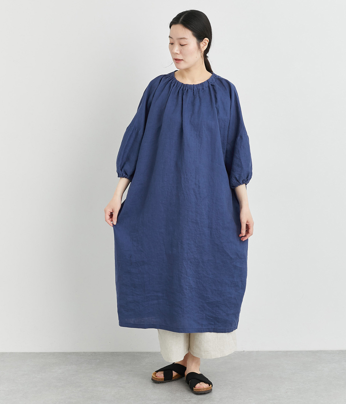 リネンオックスドロップショルダーワイドワンピース(ブルー-ONESIZE)