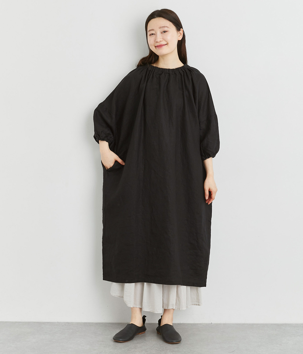 リネンオックスドロップショルダーワイドワンピース(クロ-ONESIZE)
