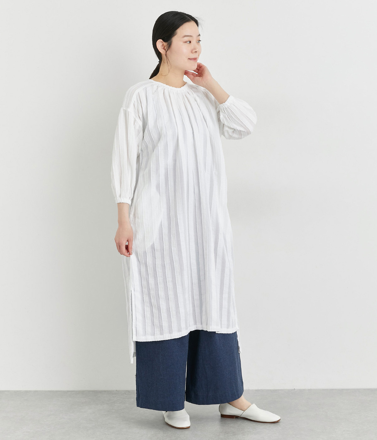 コットンローンライトドビーストライプリラックスワンピース(オフ-ONESIZE)