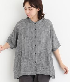 シャーリングスタンドカラーシャツ(グレンチェック-L)