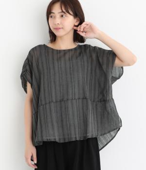 コットンシアーストライプ切り替えブラウス(クロ-ONESIZE)