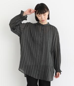 コットンシアーストライプ袖フリルチュニックブラウス(クロ-M)