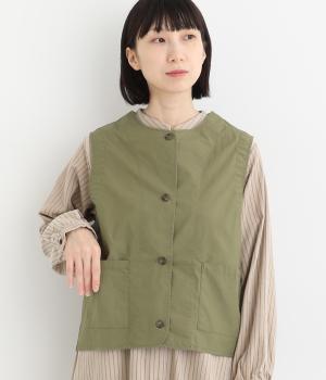 コットンダンプバイオウォッシュ加工パッチポケットベスト(カーキ-L)