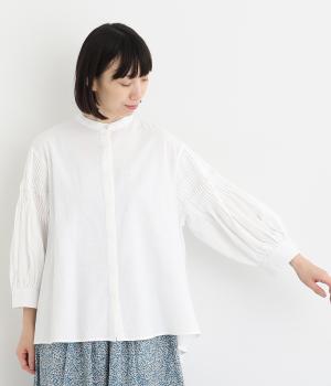 コットンスラブ袖タックブラウス(オフホワイト-L)