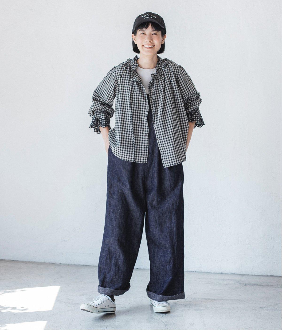 別注｜袖スカラップ刺繍ブラウス(ギンガムチェック-M)