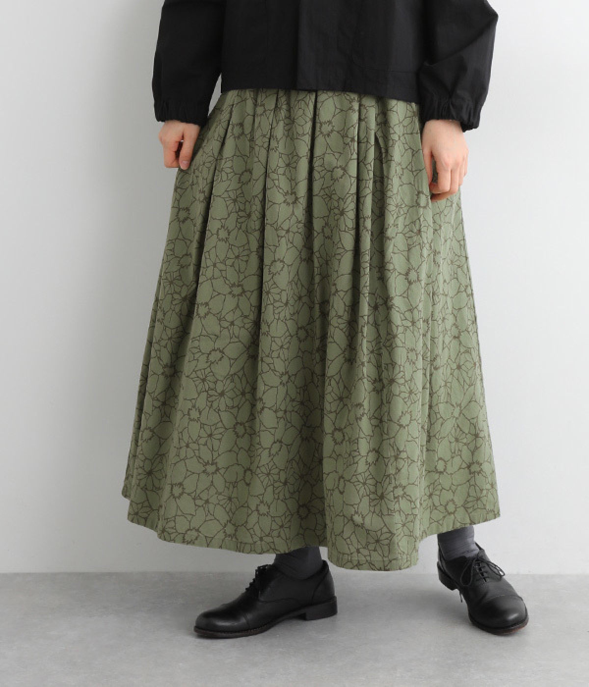 コットンリネン花柄マキシ丈スカート(モスグリーン-ONESIZE)