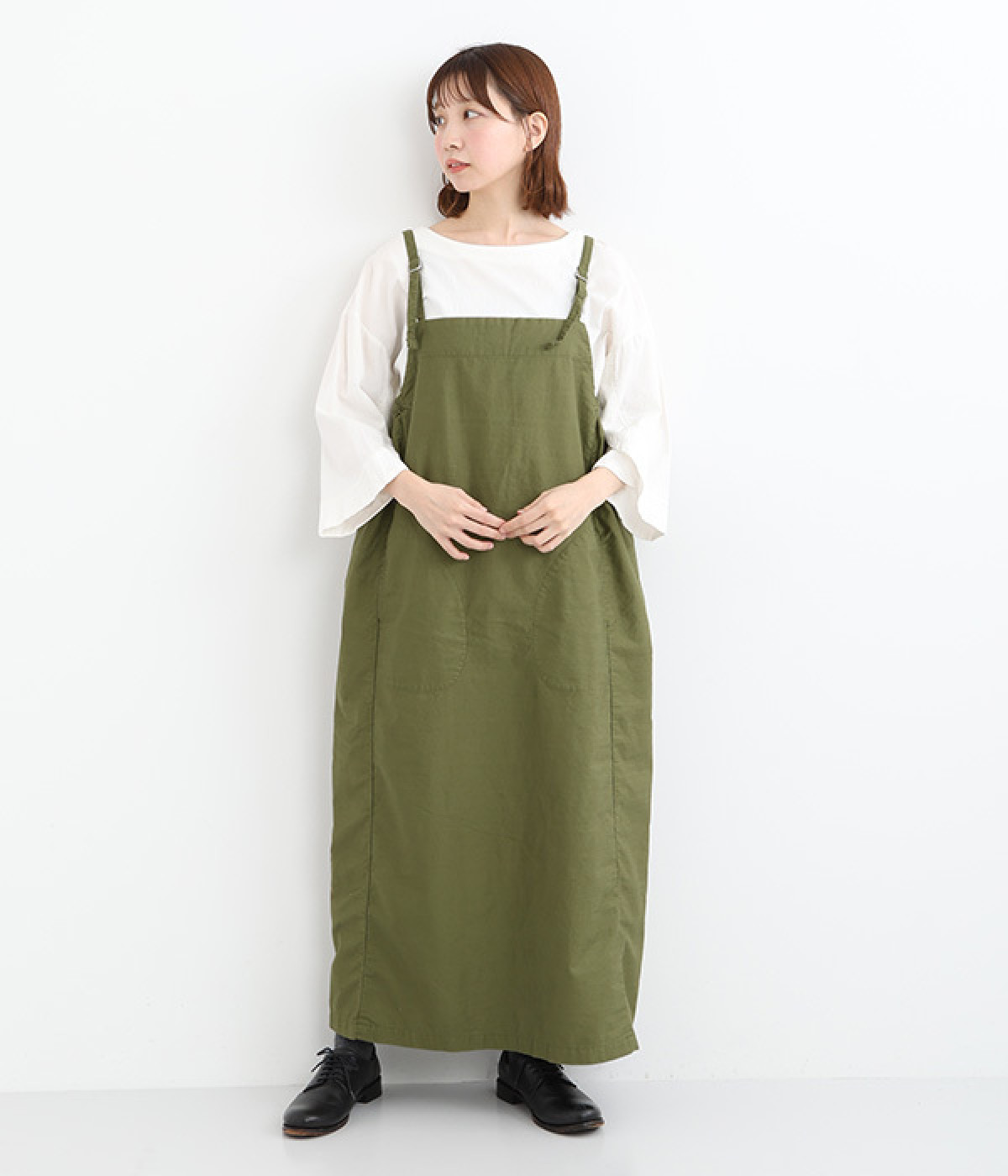 コットンムラバックサテンサロペットスカート(オリーブグリーン-ONESIZE)