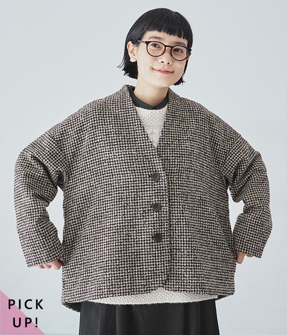 別注｜レトロチェックノーカラージャケット(ベージュ-ONESIZE)