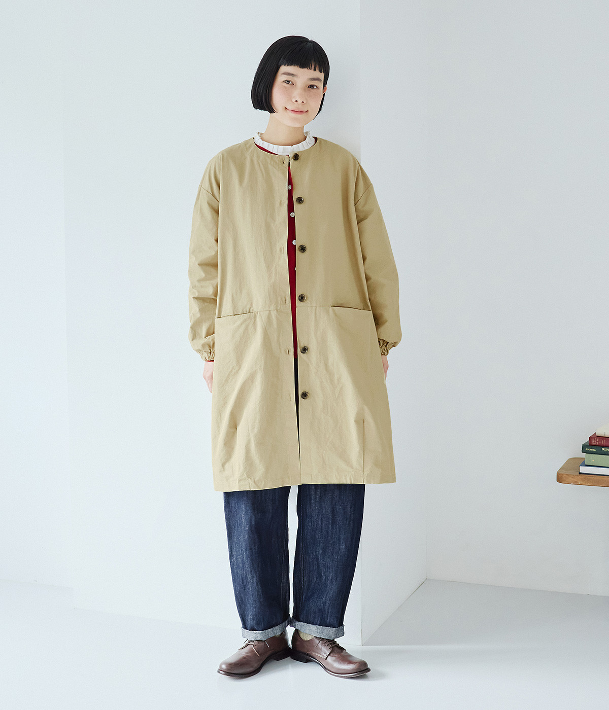 別注｜ノーカラービッグポケットコート(ベージュ-ONESIZE)