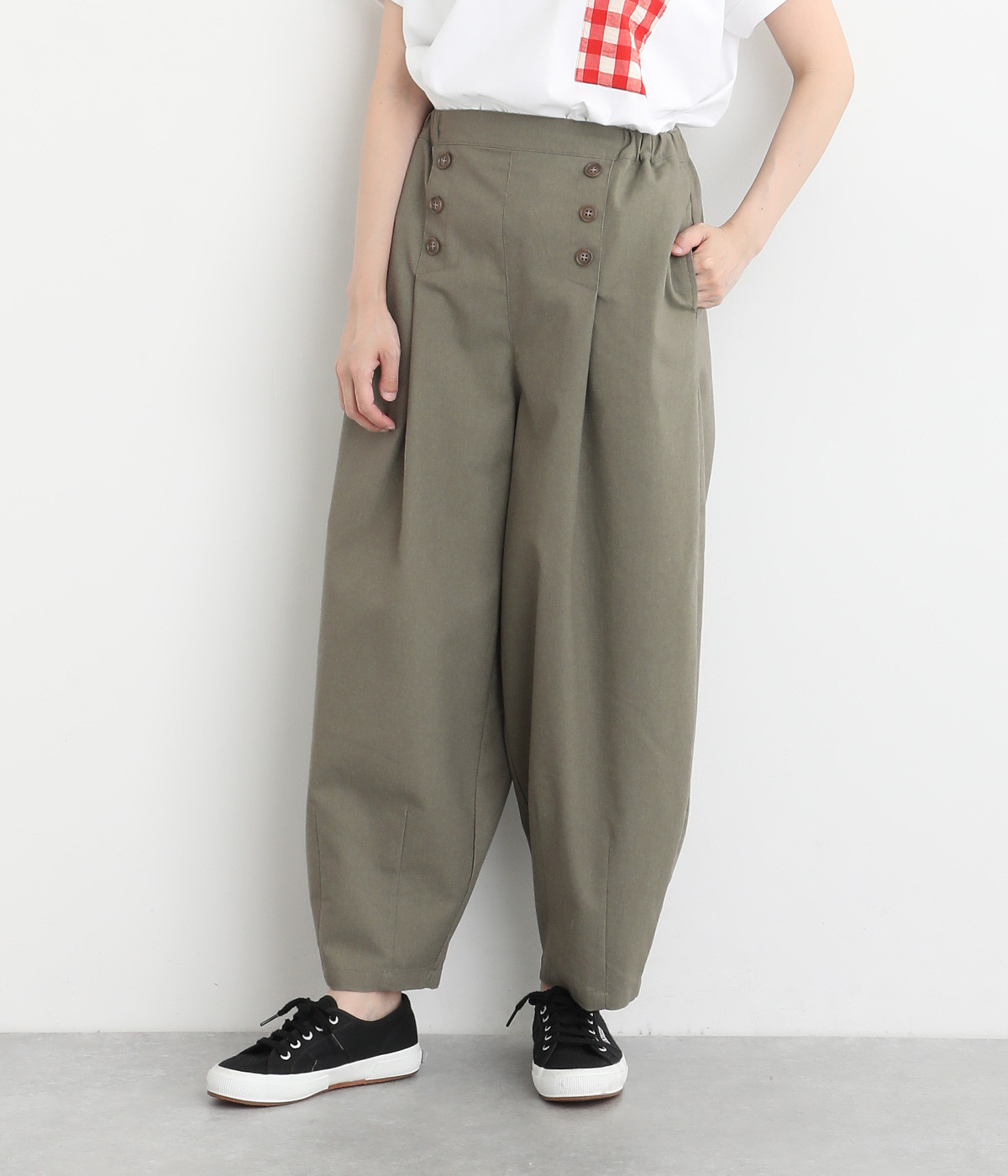レーヨンリネンコットン混平織マリン風パンツ(カーキ-ONESIZE)