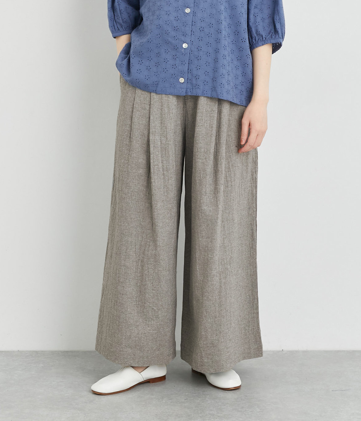 コットンシャンブレーセミワイドパンツ(グレー-ONESIZE)