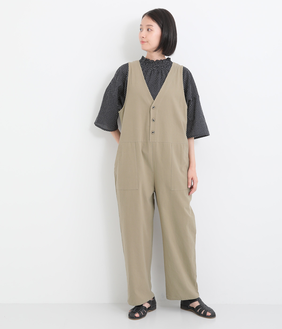 コットン平織サロペット(ベージュ-ONESIZE)