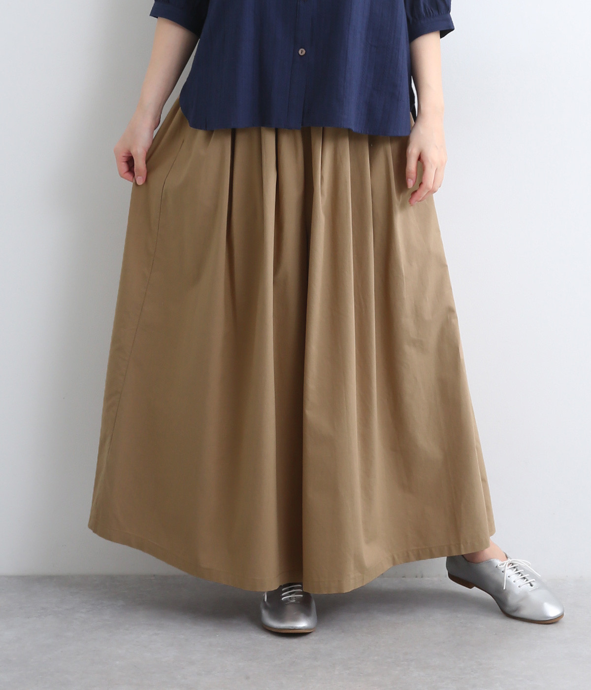 コットンレーヨン平織ワイドパンツ(ベージュ-ONESIZE)
