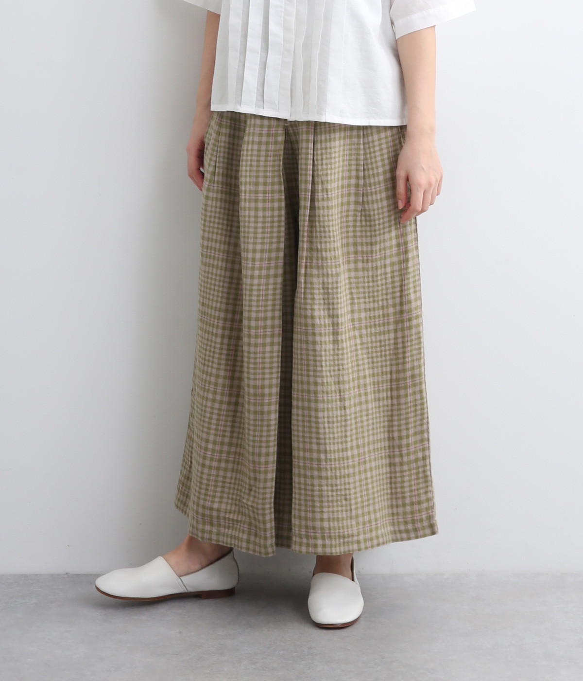 フレンチリネンチェックセミワイドパンツ(グリーン-ONESIZE)