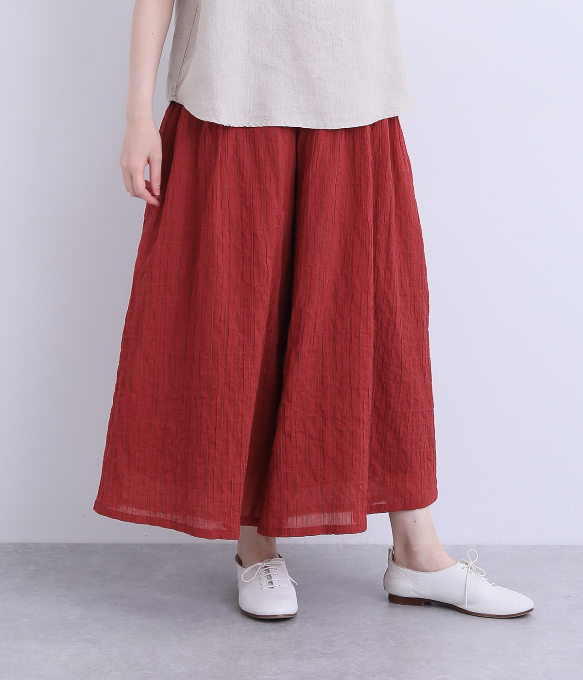 シャーリングストライプワイドパンツ(レッド-ONESIZE)