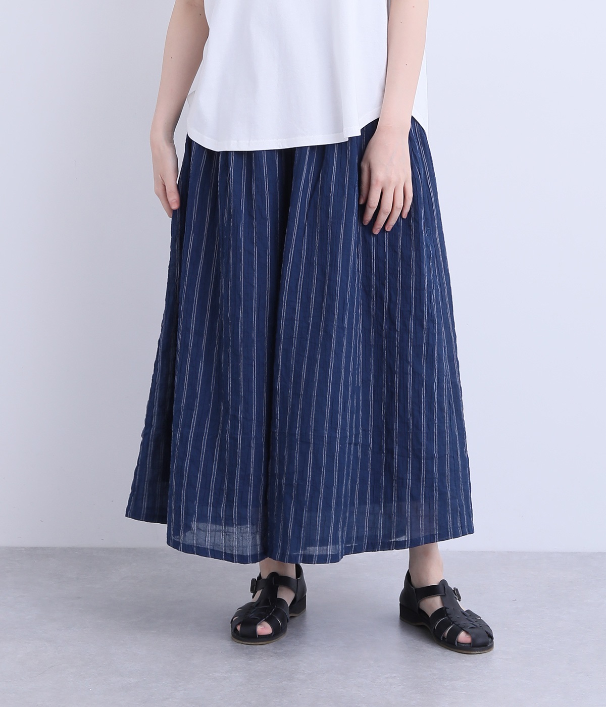 シャーリングストライプワイドパンツ(ネイビー-ONESIZE)