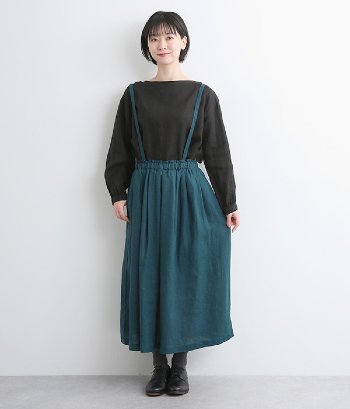 リネン平織サス付き2wayスカート(グリーン-ONESIZE)