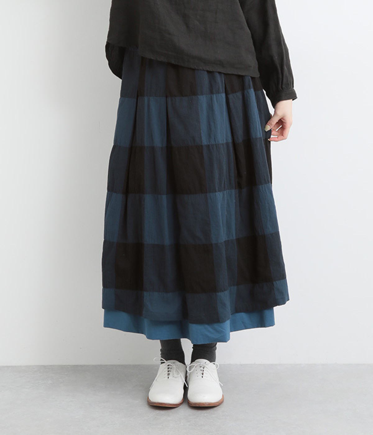 コットン混シャーリングブロックチェックスカート(ネイビー-ONESIZE)