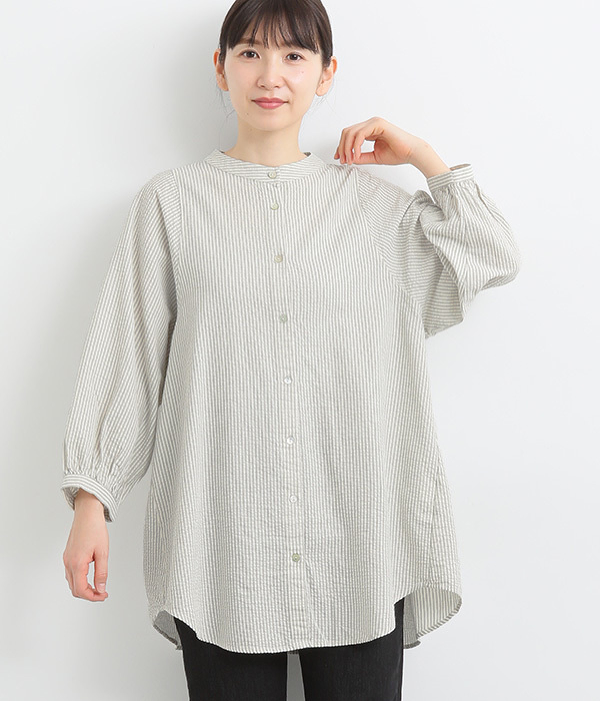 コットン混サッカーストライプチュニックブラウス(ブルー-ONESIZE)