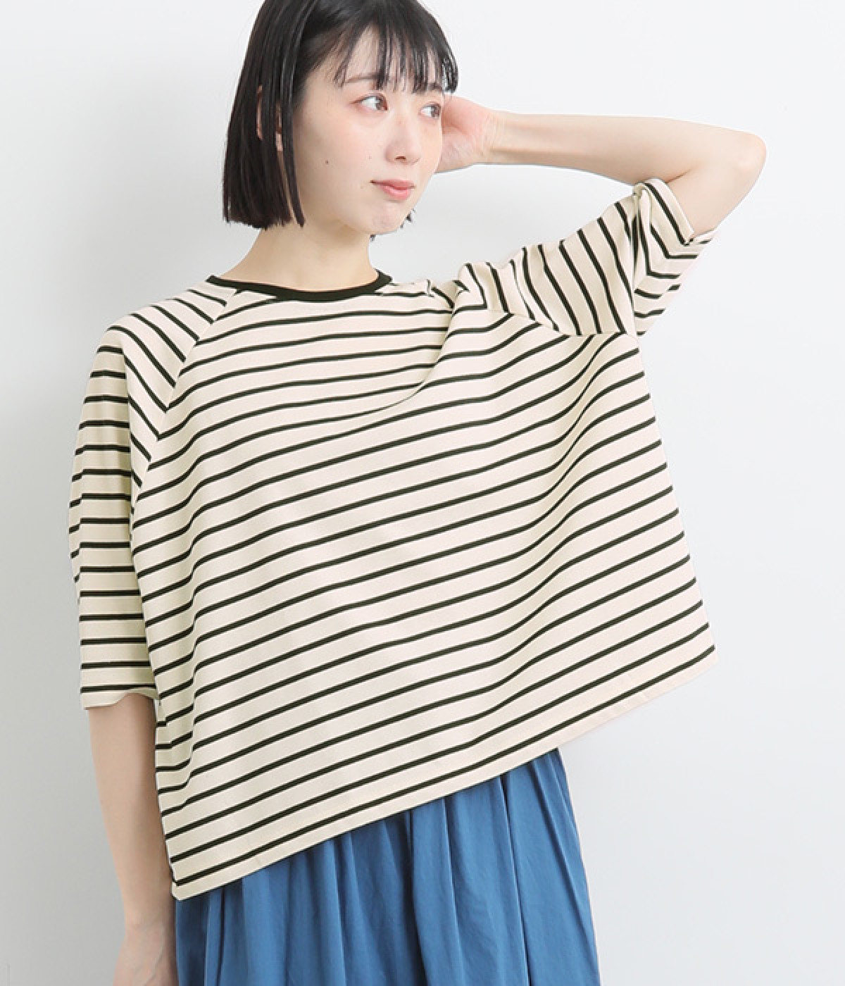 コットン混天竺ボーダーＴシャツ(オフホワイト-ONESIZE)