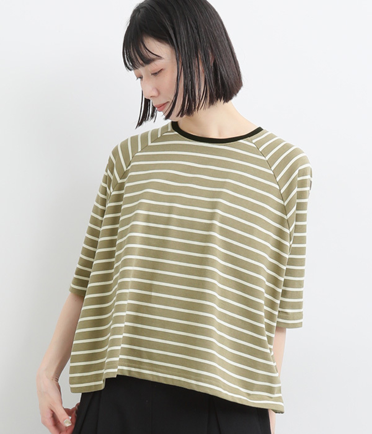 コットン混天竺ボーダーＴシャツ(ベージュ-ONESIZE)
