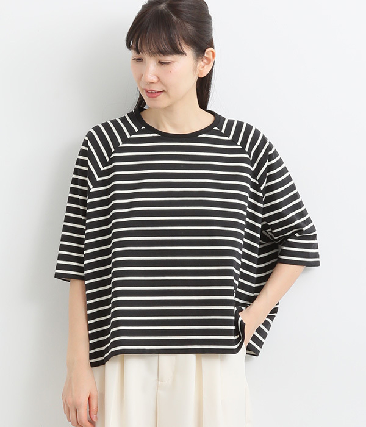 コットン混天竺ボーダーＴシャツ(ブラック-ONESIZE)