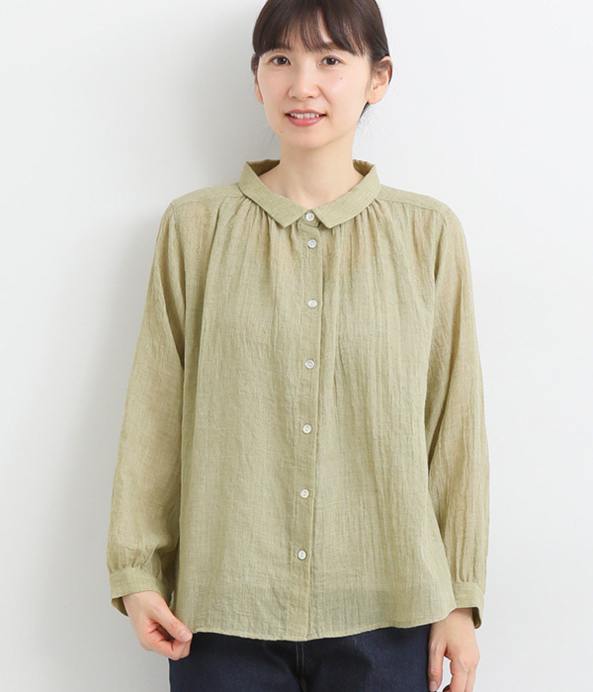 コットン混ガーゼシャンブレーブラウス(グリーン-ONESIZE)