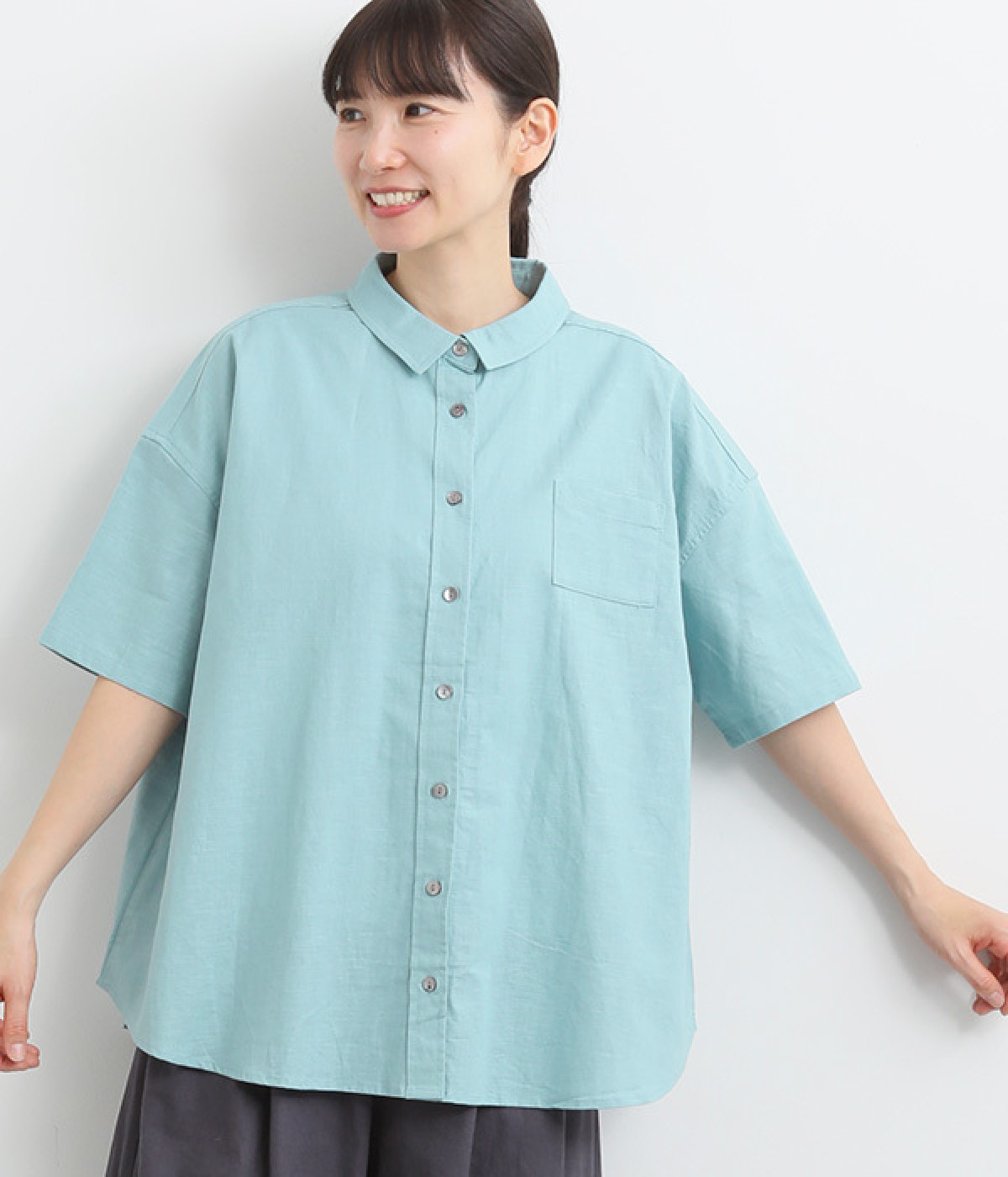 コットンリネン平織チュニックブラウス(サックス-ONESIZE)