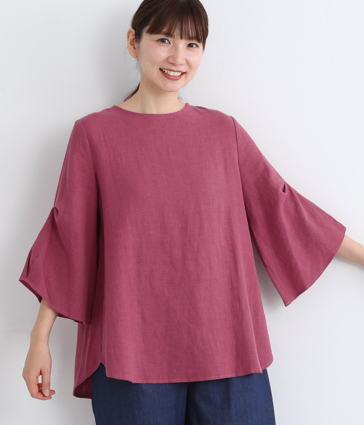 リネン混スラブ平織チュニックブラウス(ワイン-ONESIZE)