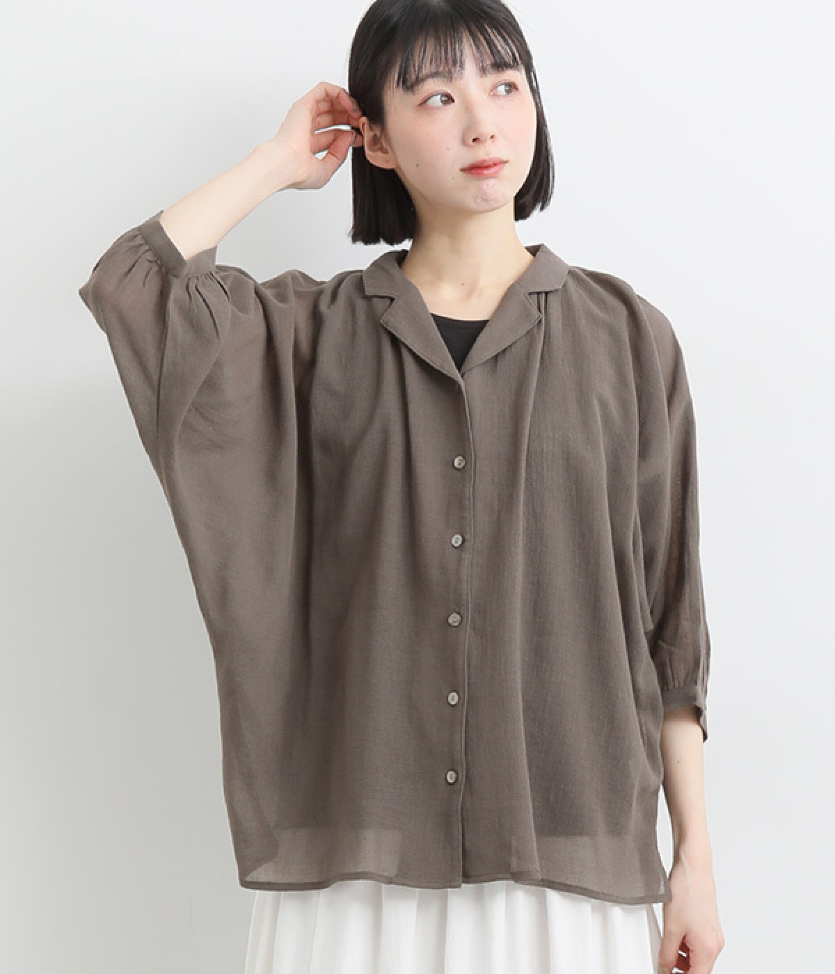 コットンボイル　開襟ブラウス(チャコール-ONESIZE)