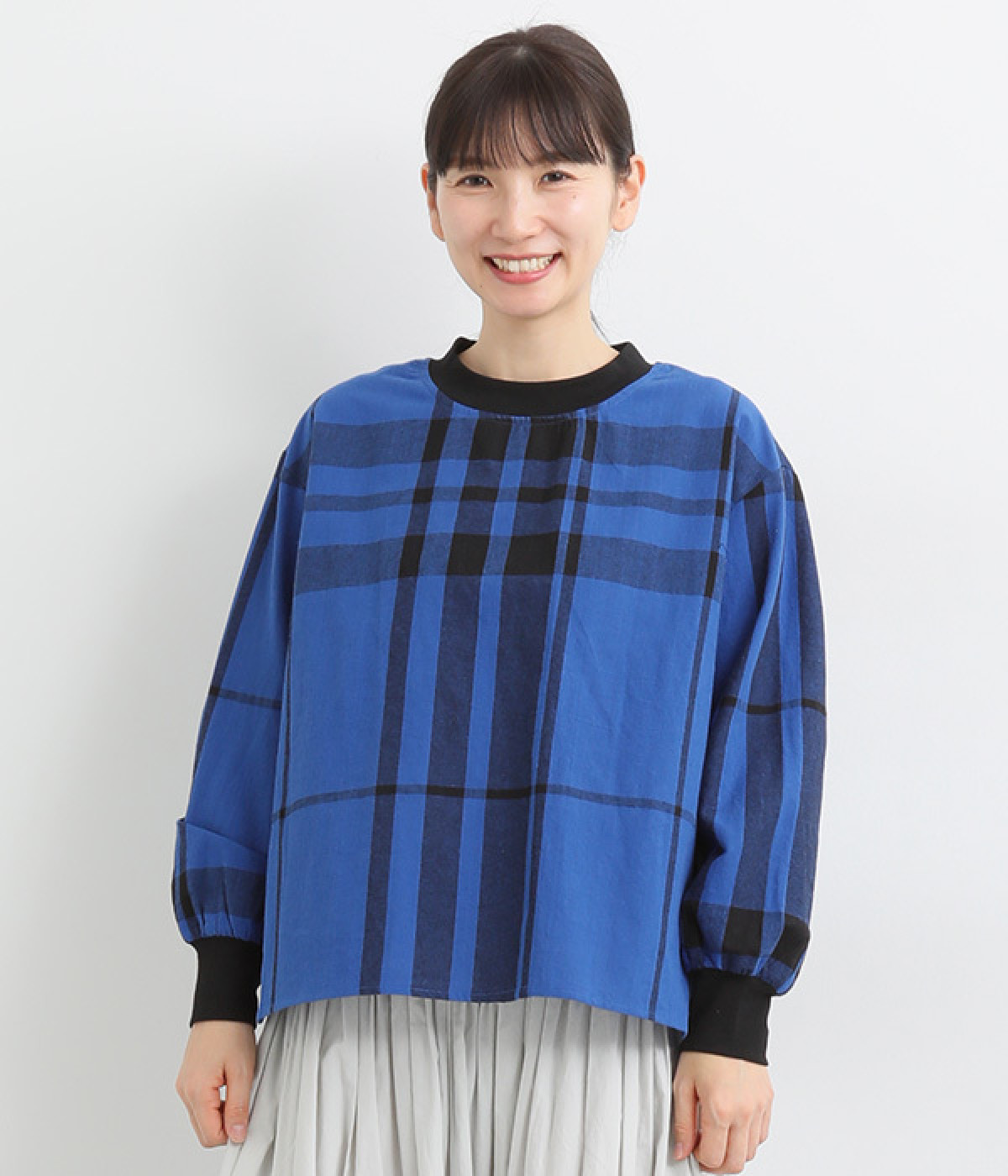 コットンリネン大柄チェック　リブブラウス(ブルー-ONESIZE)