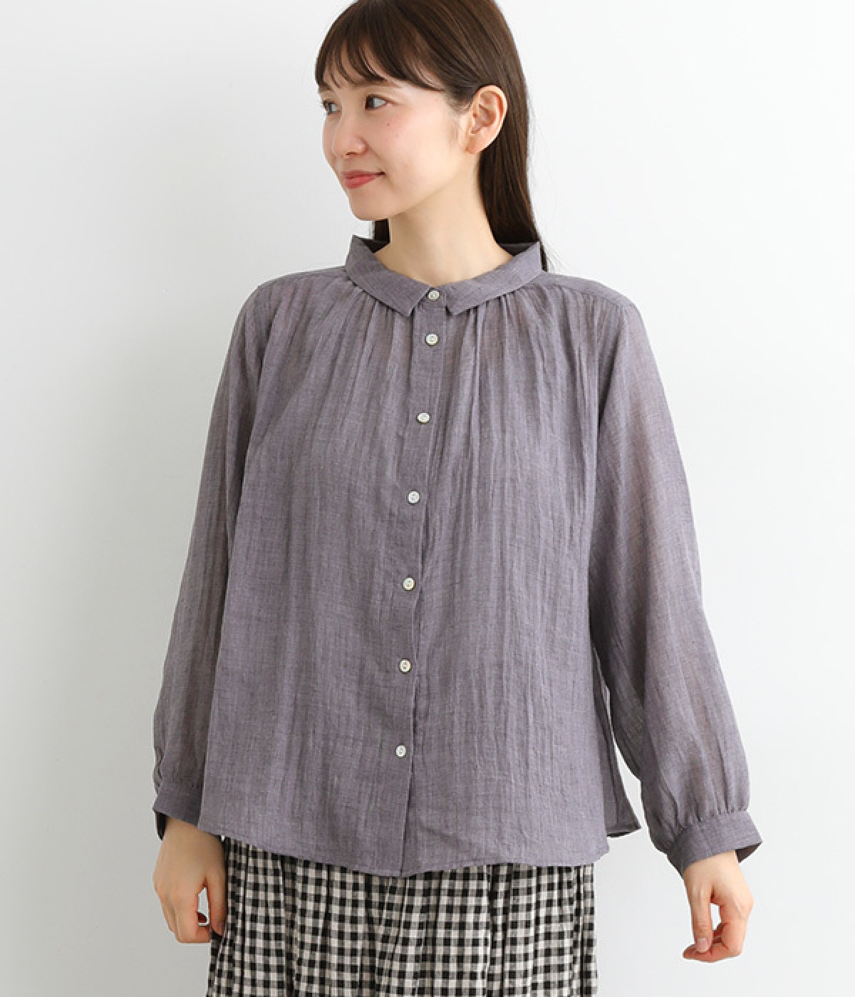 コットン混ガーゼシャンブレー柔らかブラウス(パープル-ONESIZE)