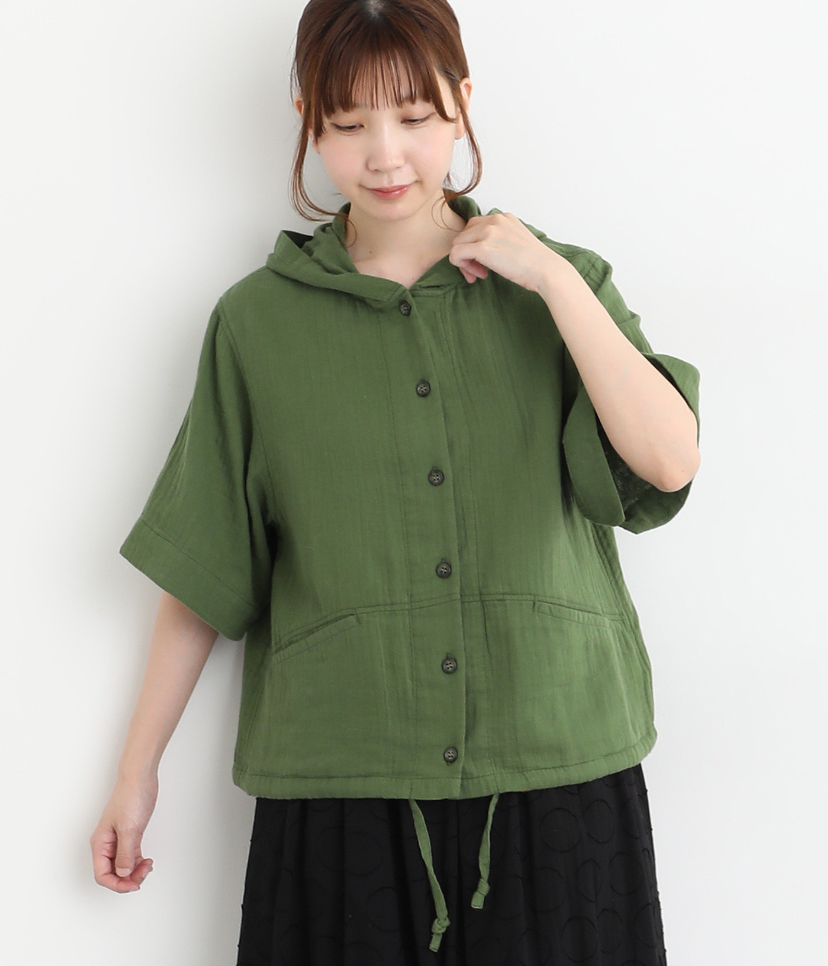 コットンガーゼ　シャツパーカ(グリーン-ONESIZE)